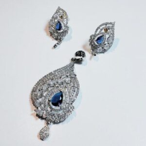 Rhodium-Plated Teardrop American Diamond Necklace & Earrings Set – Silver Toned